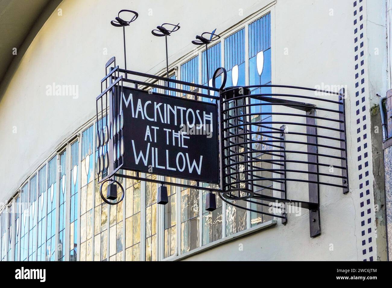 Wall signs outside the 'Macintosh at the Willow' tearooms, Sauchiehall Street, Glasgow, Scotland, UK. Stock Photo