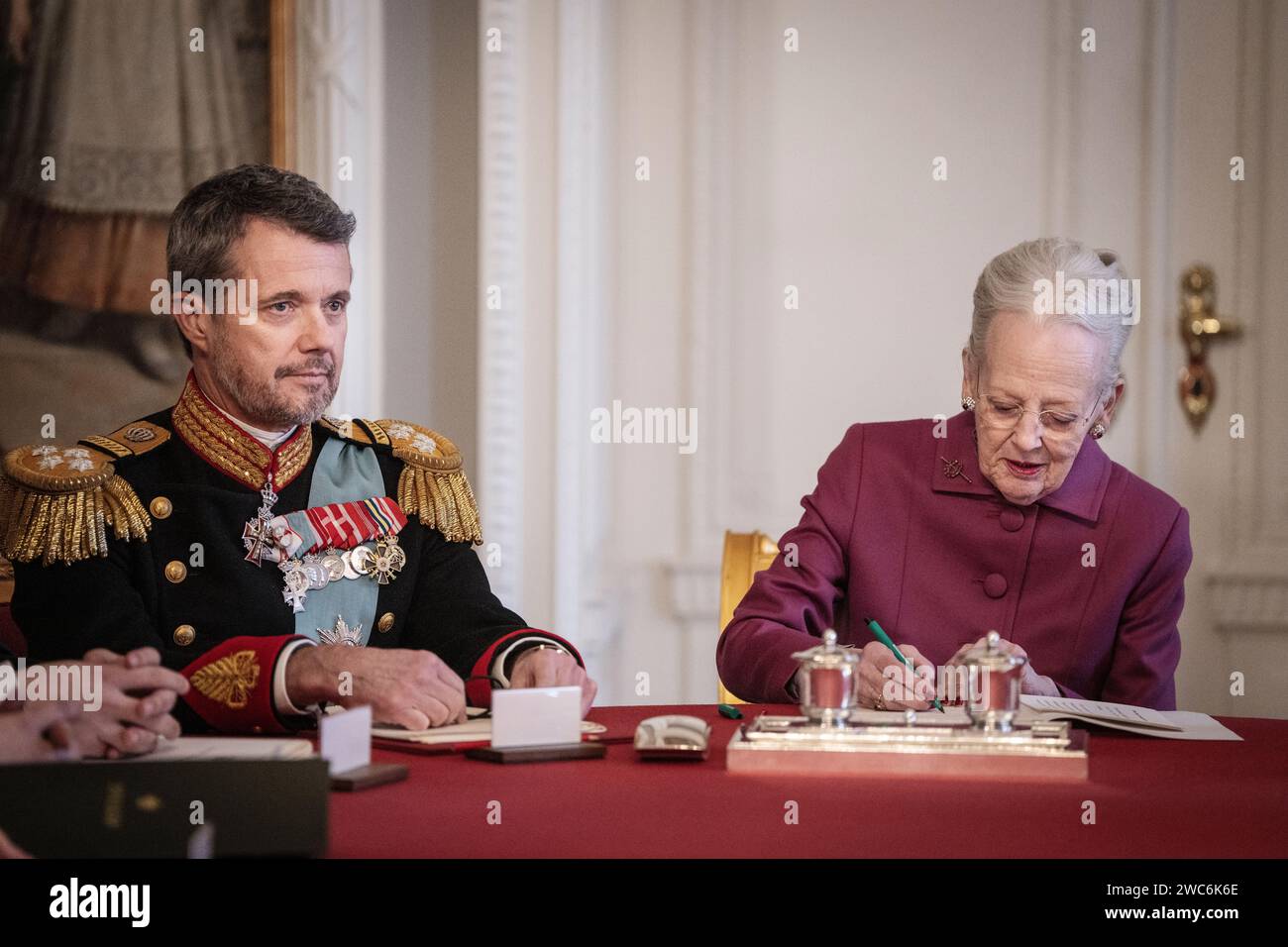 Copenhagen, Denmark. 14 January, 2024. Queen Margrethe signs a