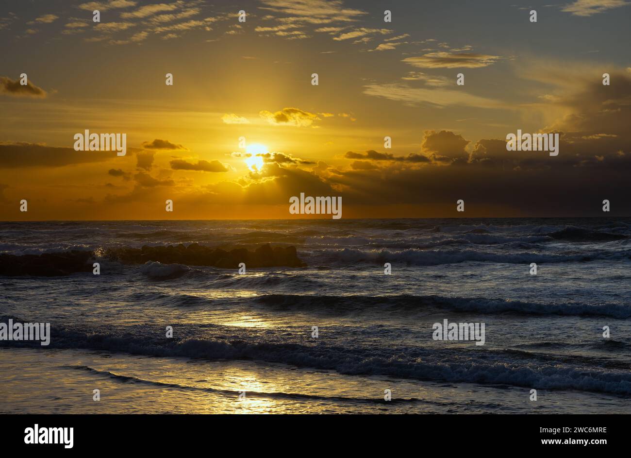 sea against sunset background in Israel Stock Photo