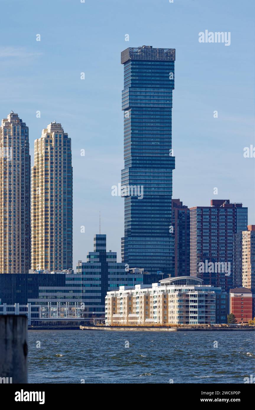 Jersey City Urby Apartments, designed with 10 Jenga-esque cantilevered layers, is a 69-floor apartment tower at 200 Greene Street. Stock Photo
