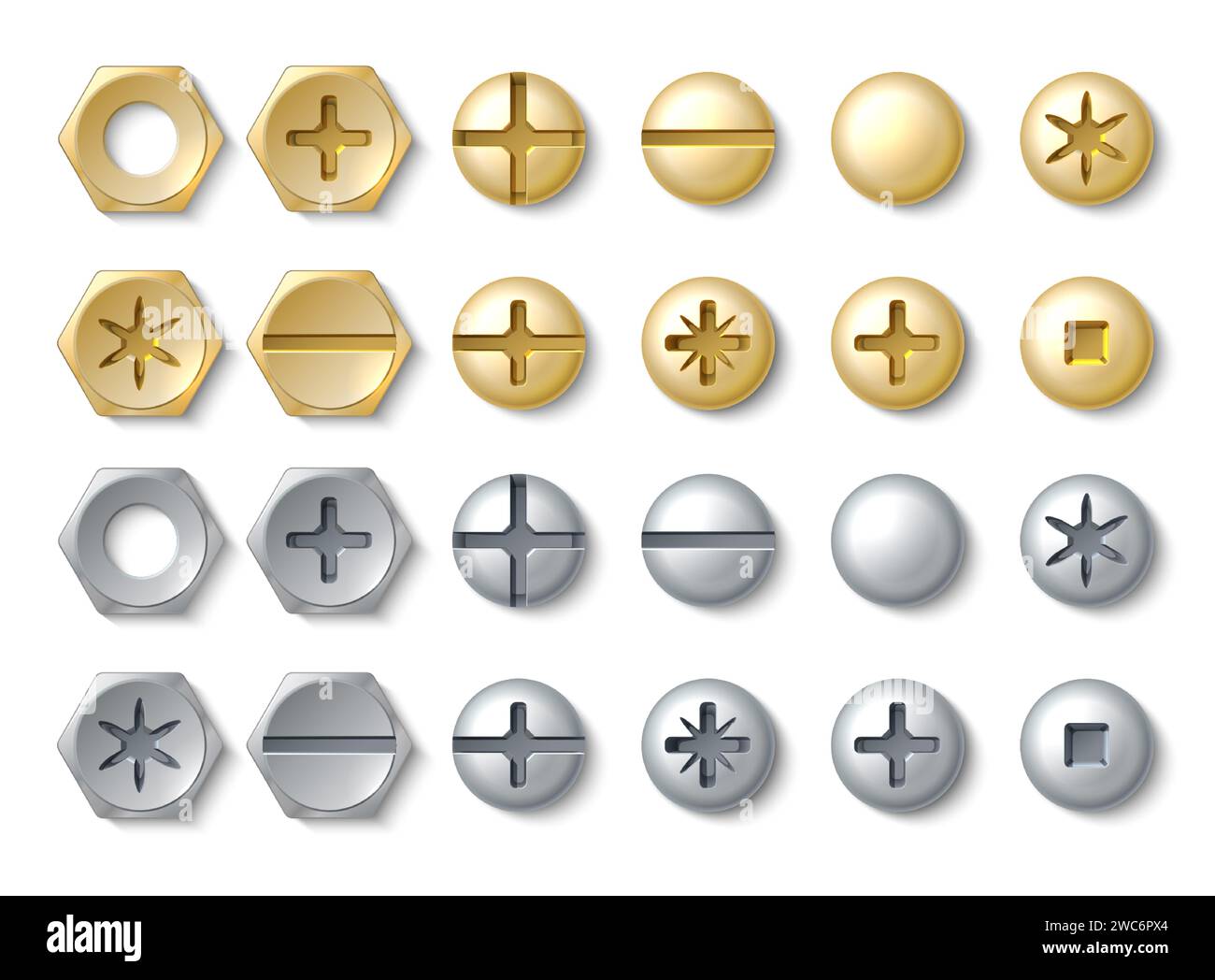 Bolt and screw. Realistic rivets and stainless self-tapping nail heads. Galvanized silver or bronze colored hardware. Assortment of round or hexagon i Stock Vector