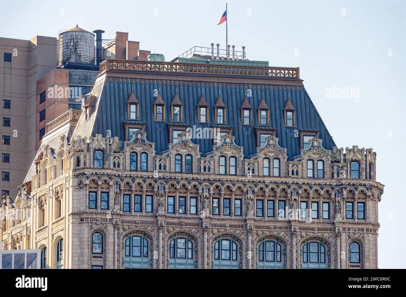 Cass Gilbert’s 90 West Street, richly embellished with polychrome terra cotta, restored after heavy 9/11 damage, converted to residential use. Stock Photo