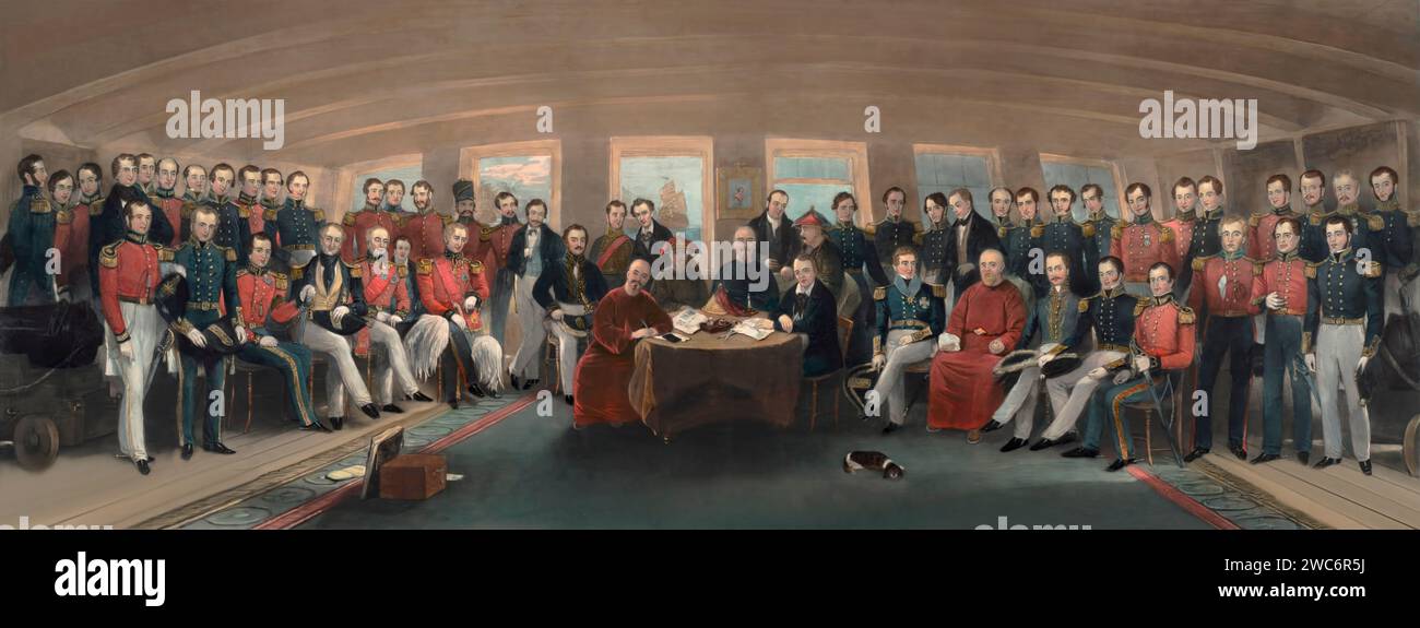 Signing of Treaty of Nanking on board HMS Cornwallis, First Opium War, 1842 Stock Photo