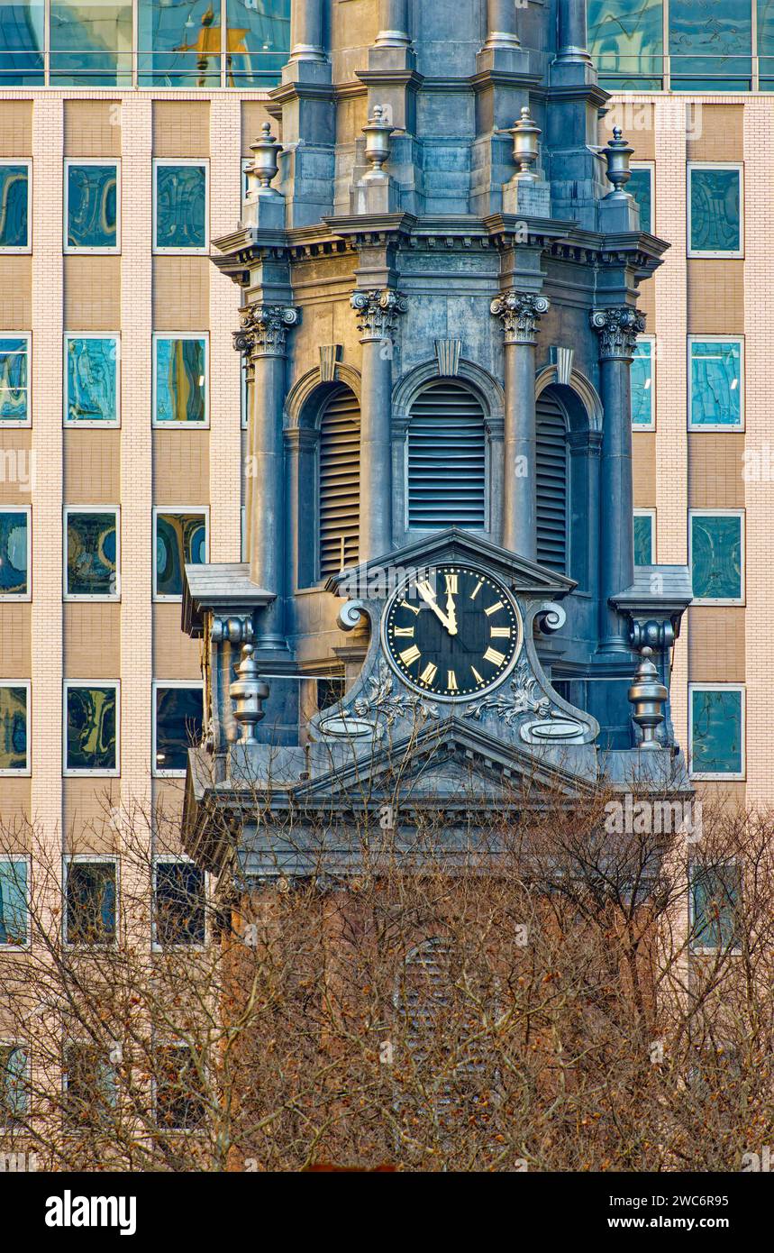 The octagonal spire of St. Paul’s Chapel was completed in 1796, 30 years after landmark church’s main body was completed. Stock Photo