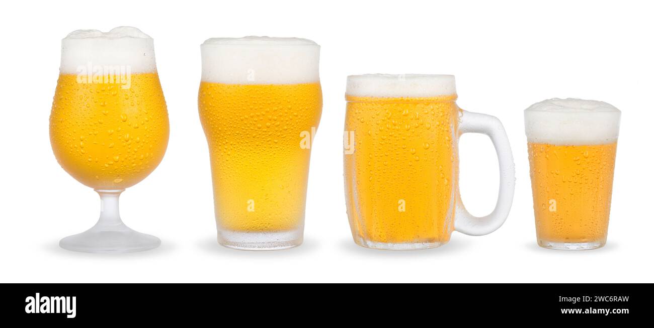 Beer glasses with different styles of beer isolated on white background. Stock Photo