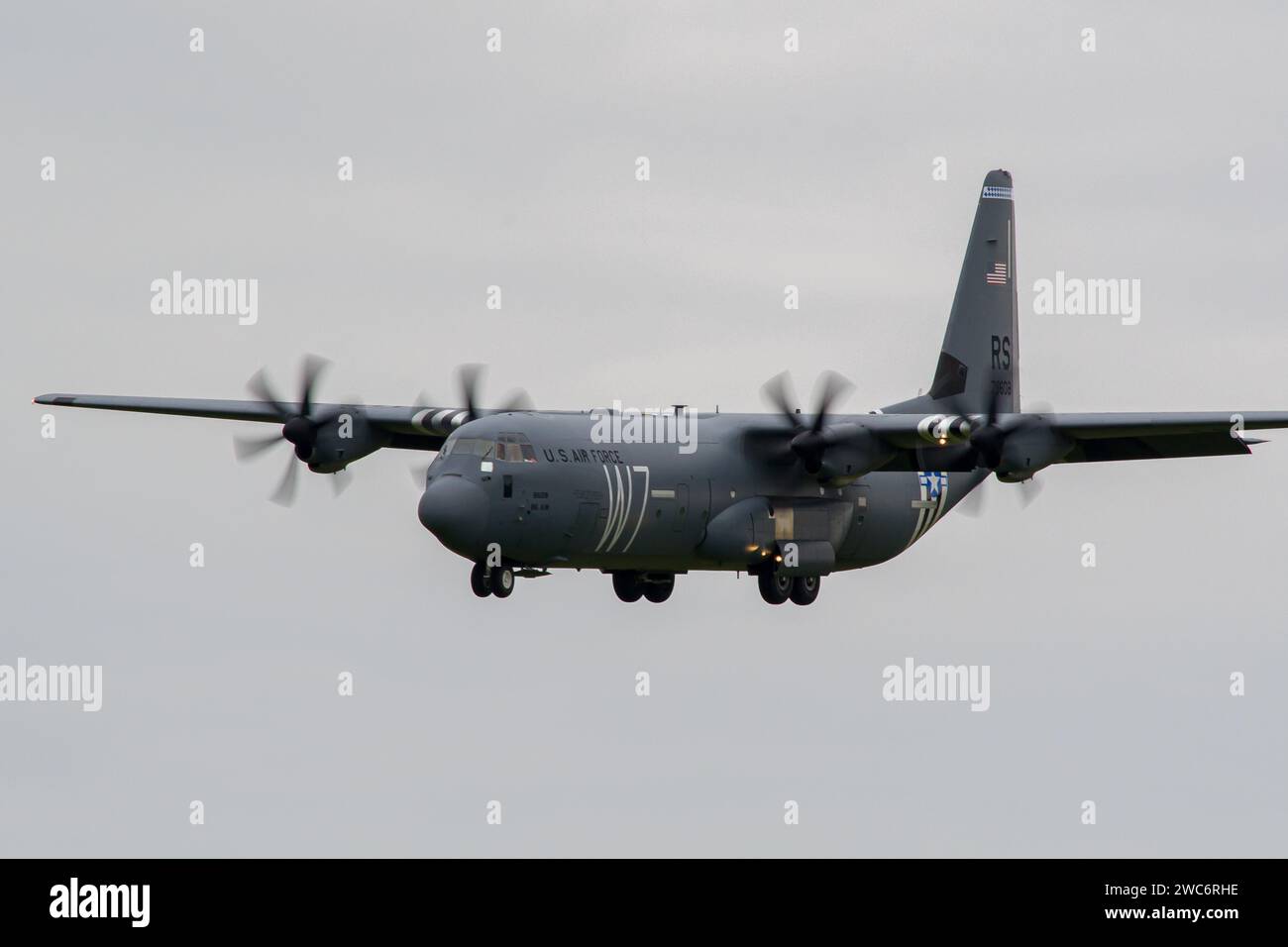 US Air Force Lockheed C-130 Hercules military transport aircraft landing in Lviv Airport after a training flight Stock Photo