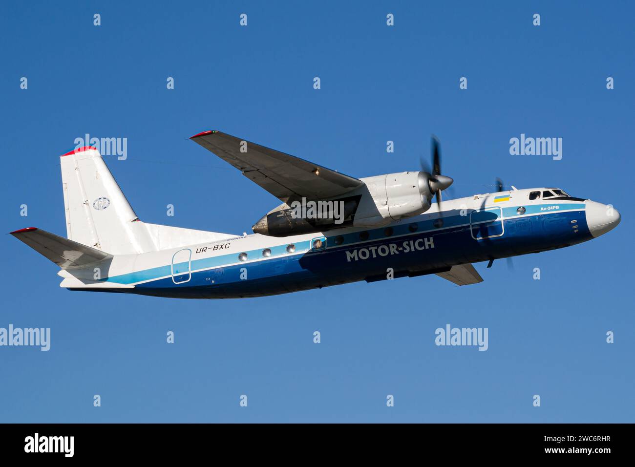 Ukrainian airline's Motor Sich Airlines Antonov An-24RV aircraft taking off from Lviv for a flight to Kyiv Stock Photo