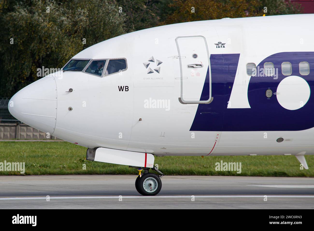 LOT Polish Airlines Boeing 737-800 cockpit close-up while taxiing after landing in Lviv Stock Photo