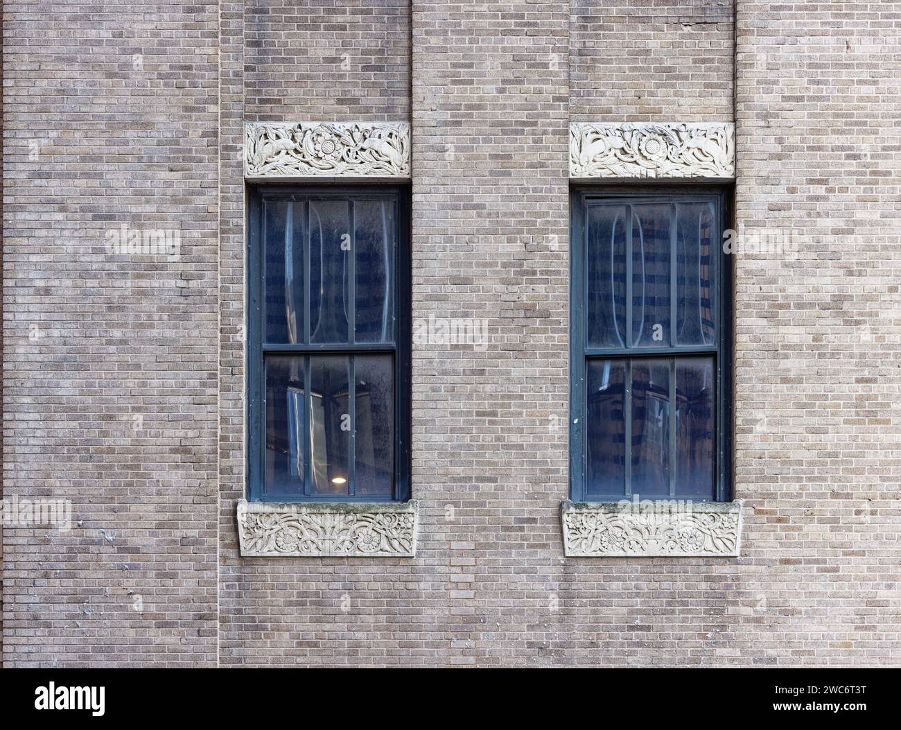Barclay-Vesey Building’s polychrome brick façade is decorated in carved limestone on lower floors, cast stone on upper floors. Stock Photo