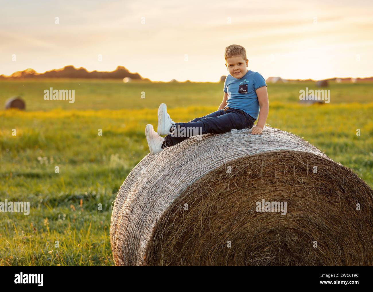 Portrait of a happy child against the background of rural fields in summer time, sitting on a roll of hay. Stock Photo