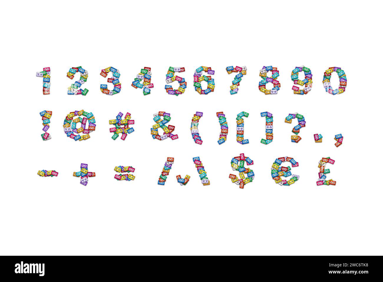 Top view of the numbers and symbols alphabet made of colorful retro audio cassettes scattered on a white background. The concept of music theme gift c Stock Photo