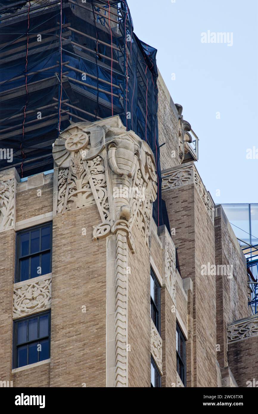 Barclay-Vesey Building’s polychrome brick façade is decorated in carved limestone on lower floors, cast stone on upper floors. Stock Photo