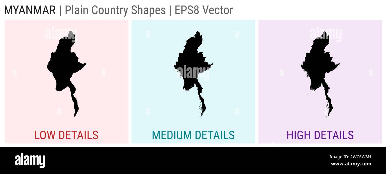 Myanmar plain country shape. Low, medium and high detailed maps of