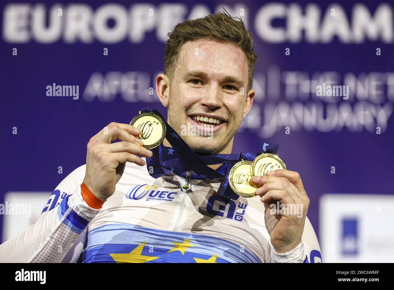 APELDOORN - Harrie Lavreysen with his gold medals won during the