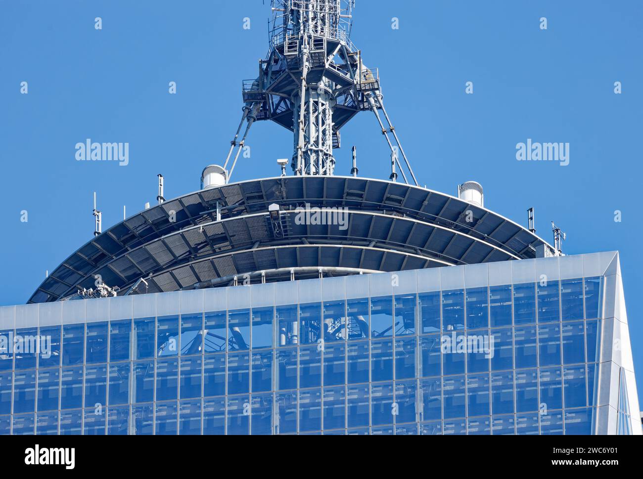 The mast and mechanical spaces push the height of One World Trade Center to 1776 feet – 508 feet above the building’s observatory. Stock Photo