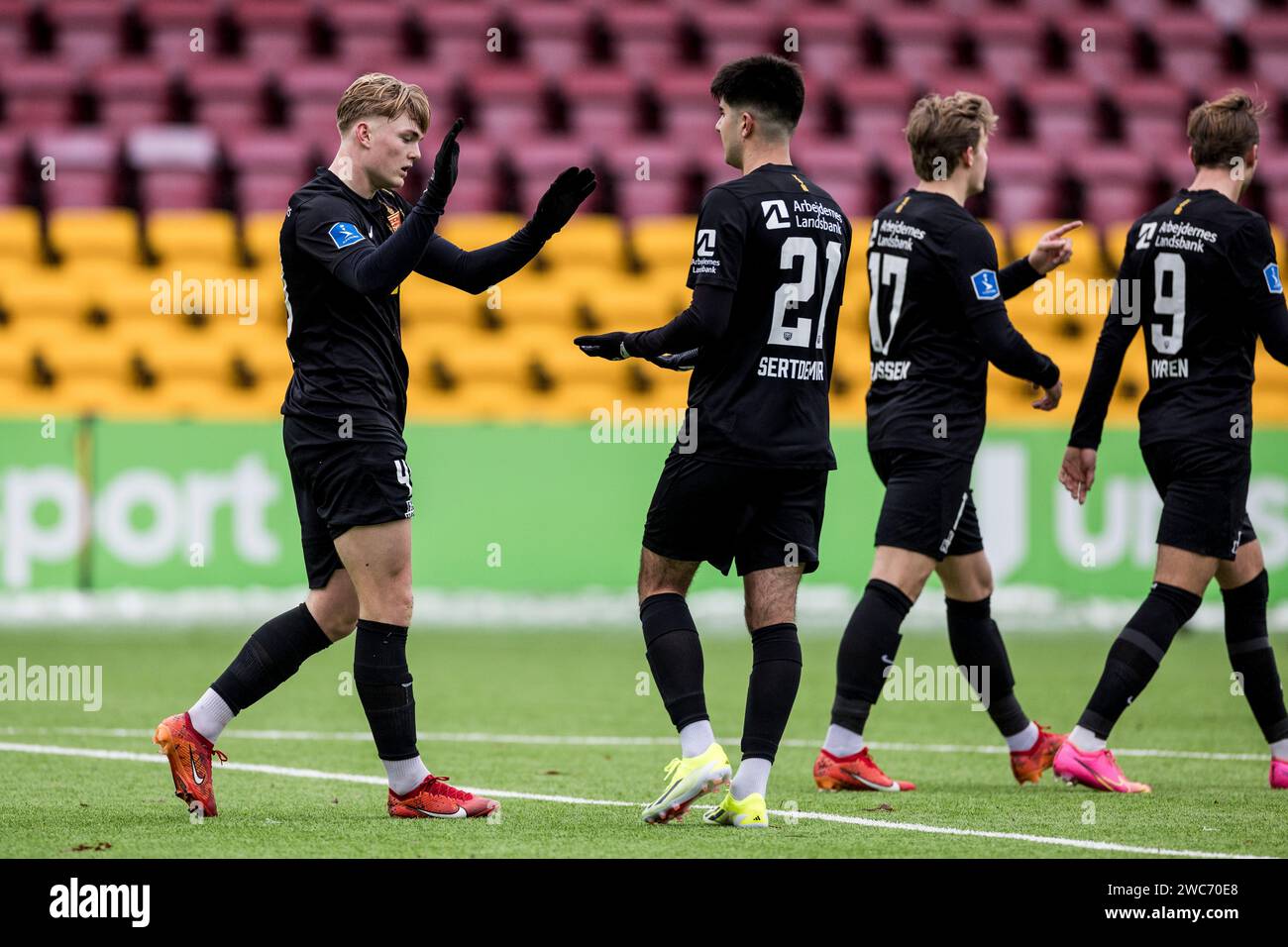 Farum, Denmark. 13th, January 2024. Conrad Harder (40) of FC Nordsjaelland scores and celebrates with Zidan Sertdemir (21) during a test match between FC Nordsjaelland and B.93 at Right to Dream Park in Farum. (Photo credit: Gonzales Photo - Lasse Lagoni). Stock Photo