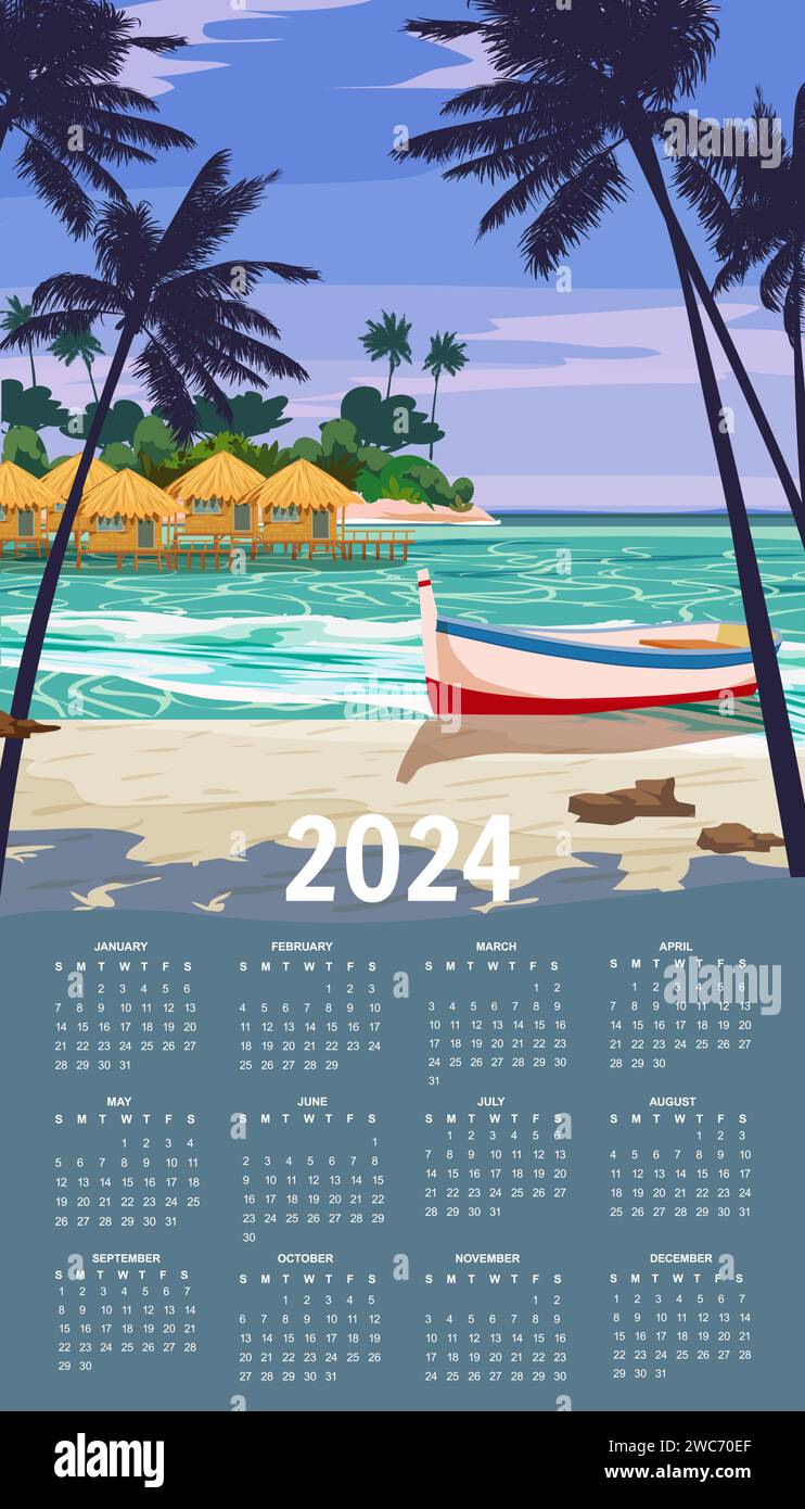 Calendar 2024 Exotic Islands vintage travel wall poster Stock Vector