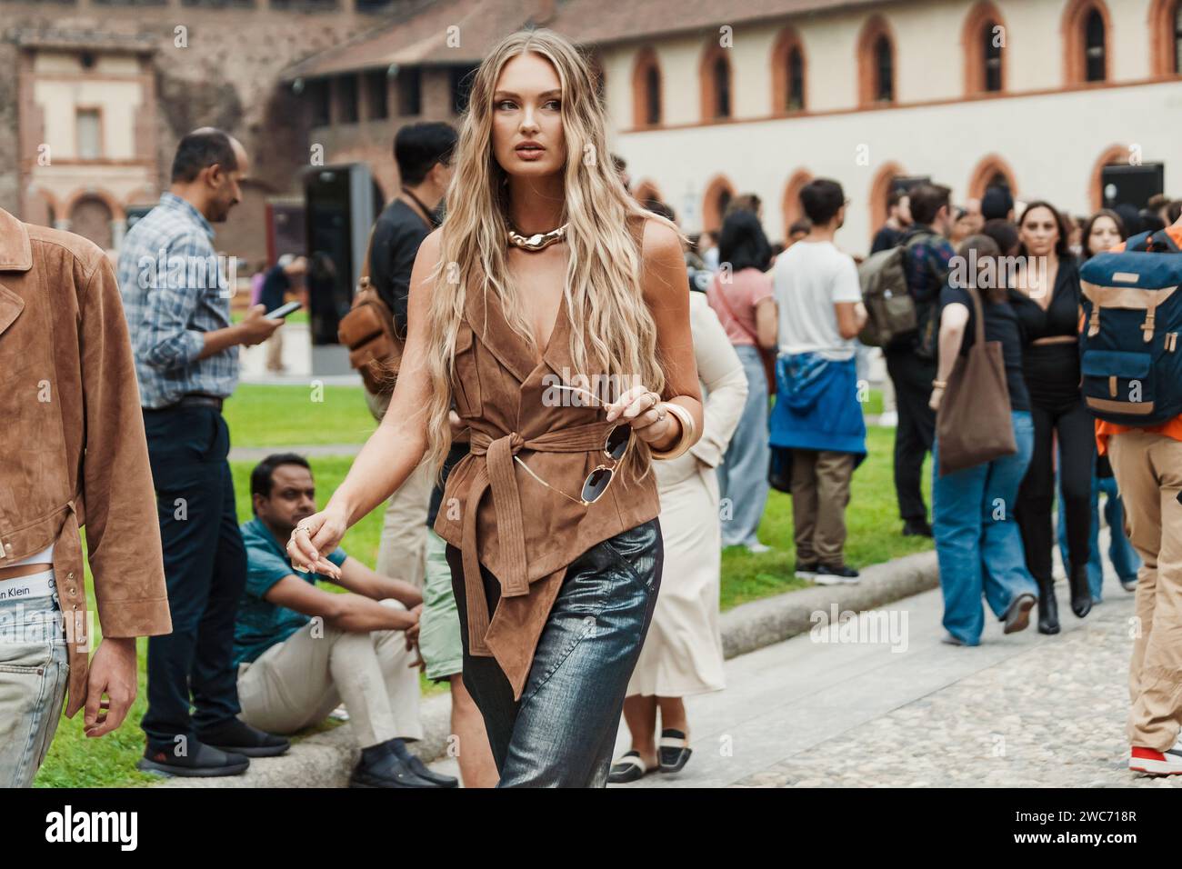 Dutch top model Romee Strijd outside Alberta Ferretti show during Milan Fashion Week Womenswear Spring/Summer 2024. Stock Photo