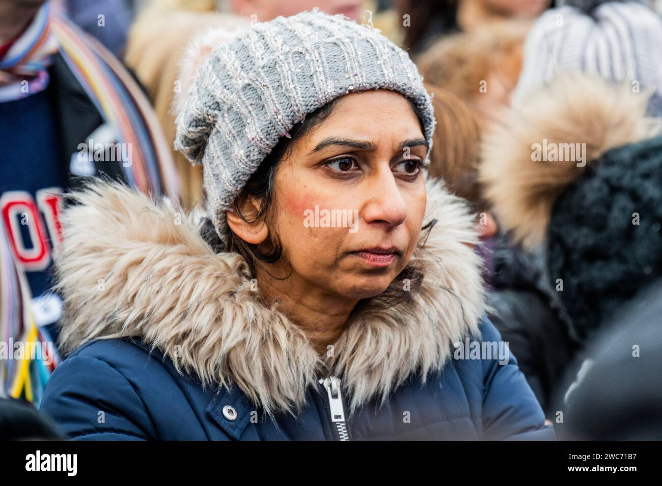 London, UK. 14th Jan, 2024. Suella Braverman MP is upset by stories of the hostages - Stand with Israel Rally Trafalgar Square, marking 100 days since the attacks of October 7th. To demand the immediate release of the more than 130 hostages still held in captivity in Gaza. Organised by many groups including the Board of Deputies of British Jews. The campaign us the hashtag #BringThemHome. Credit: Guy Bell/Alamy Live News Stock Photo