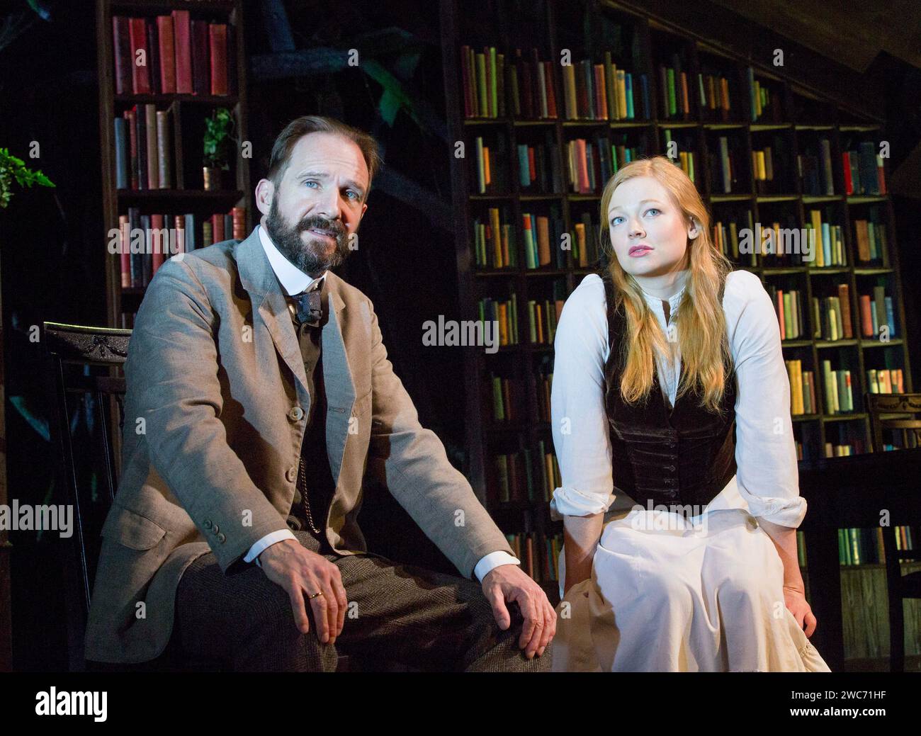 Ralph Fiennes (Halvard Solness), Sarah Snook (Hilde Wangel) in THE MASTER BUILDER by Henrik Ibsen at the Old Vic Theatre, London SE1  03/02/2016 adapted by David Hare  design: Rob Howell  lighting: Hugh Vanstone  director: Matthew Warchus Stock Photo