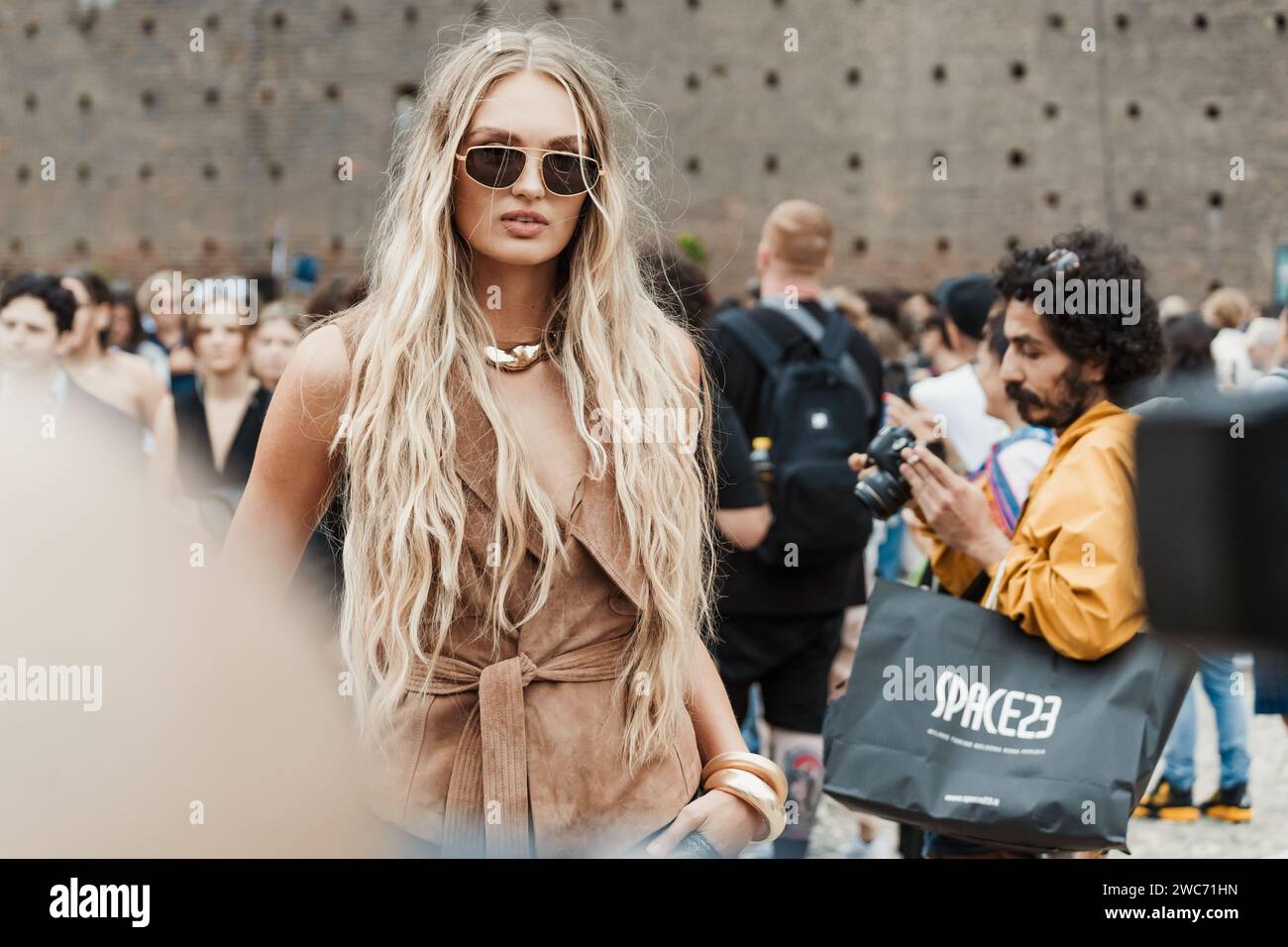 Dutch top model Romee Strijd outside Alberta Ferretti show during Milan Fashion Week Womenswear Spring/Summer 2024. Stock Photo