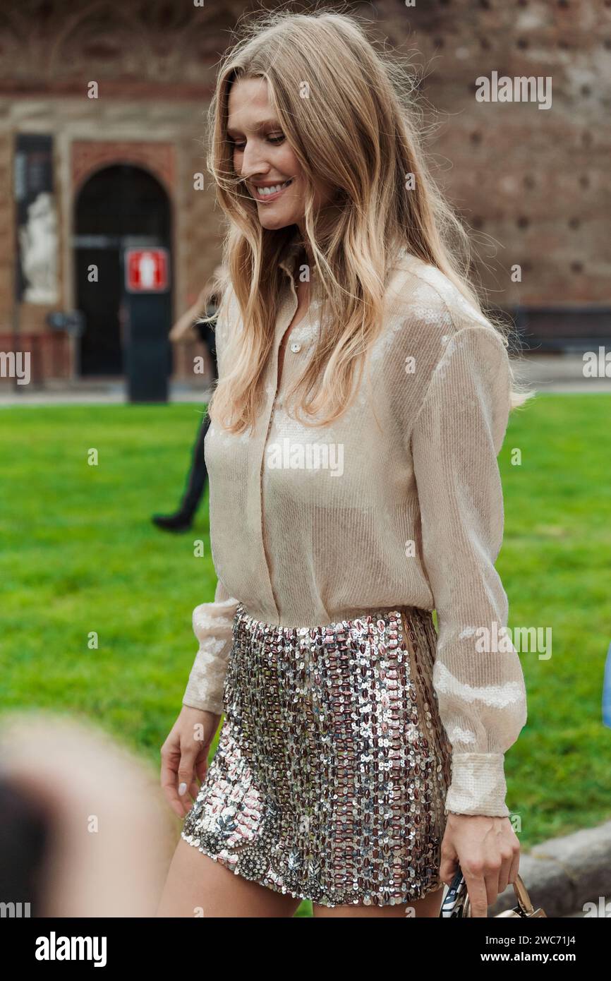 German top model Toni Garrn outside Alberta Ferretti show during Milan