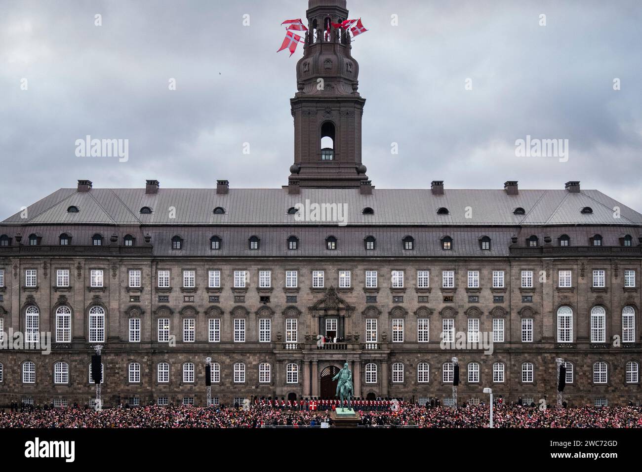 Copenhagen Denmark 14 January 2024 King Frederik X Queen Mary   Copenhagen Denmark 14 January 2024 King Frederik X Queen Mary Crown Prince Christian Princess Isabella Princess Josephine And Prince Vincent On The Balcony During The Proclamation At Christiansborg Castle Square In Copenhagen On Sunday 14 January 2024 On 31 December 2023 The Queen Announced That She Would Abdicate On 14 January And That From This Day The Crown Prince Is Denmarks Regent Photo Ida Marie Odgaardritzau Scanpix 2WC72GD 