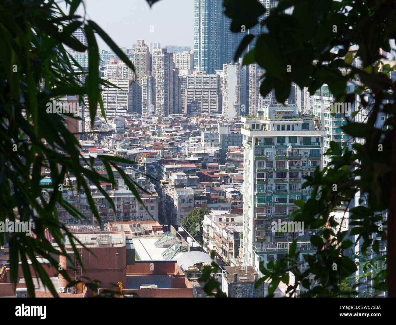View looking down on congested apartment blocks and urban landscape of Macau Stock Photo