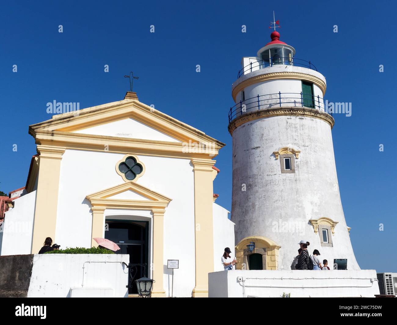 View looking up at the chapel and lighthouse inside the Guia Fortress in Macau Stock Photo