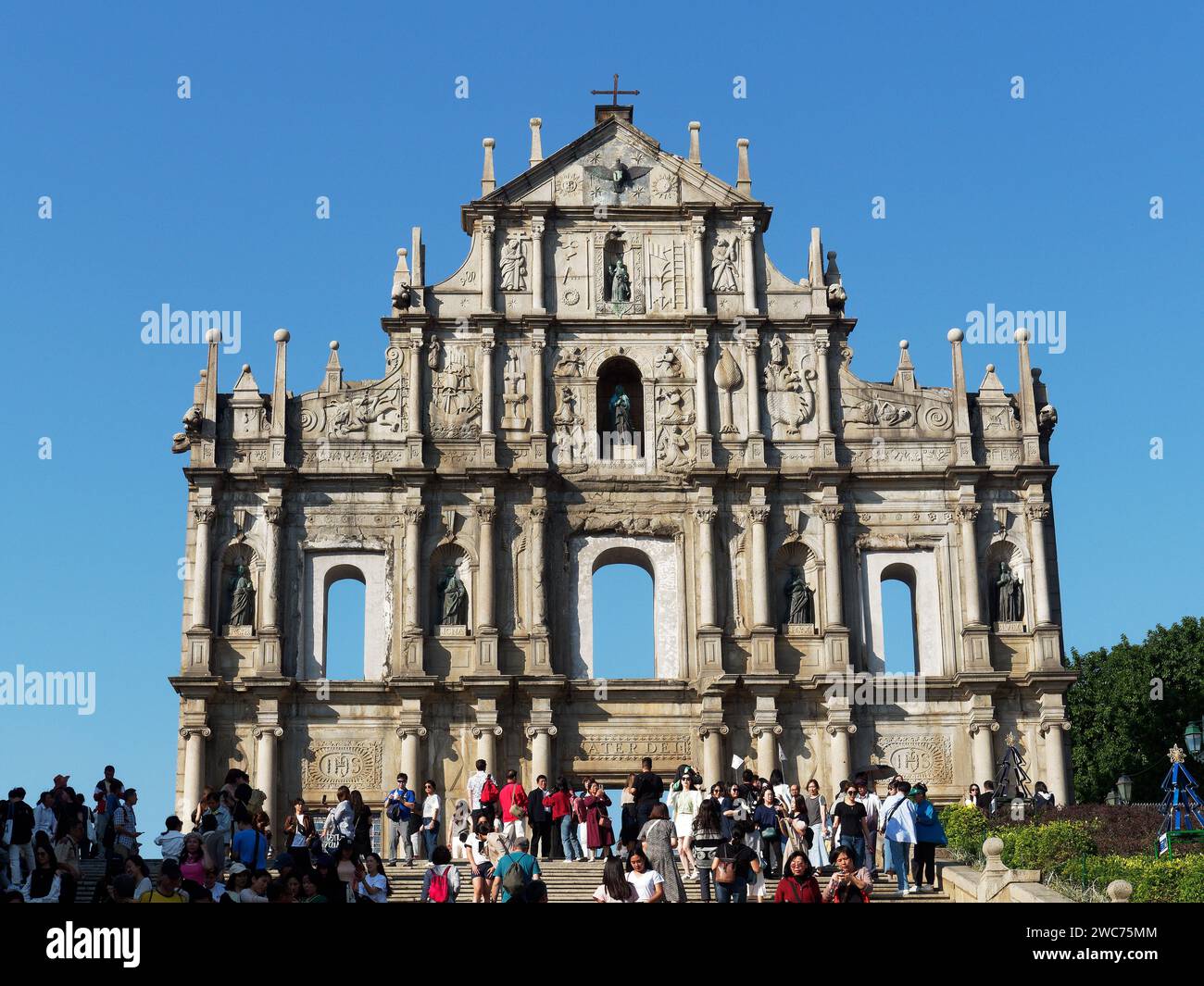 View looking up at the famous Ruins of St. Paul in Macau Stock Photo