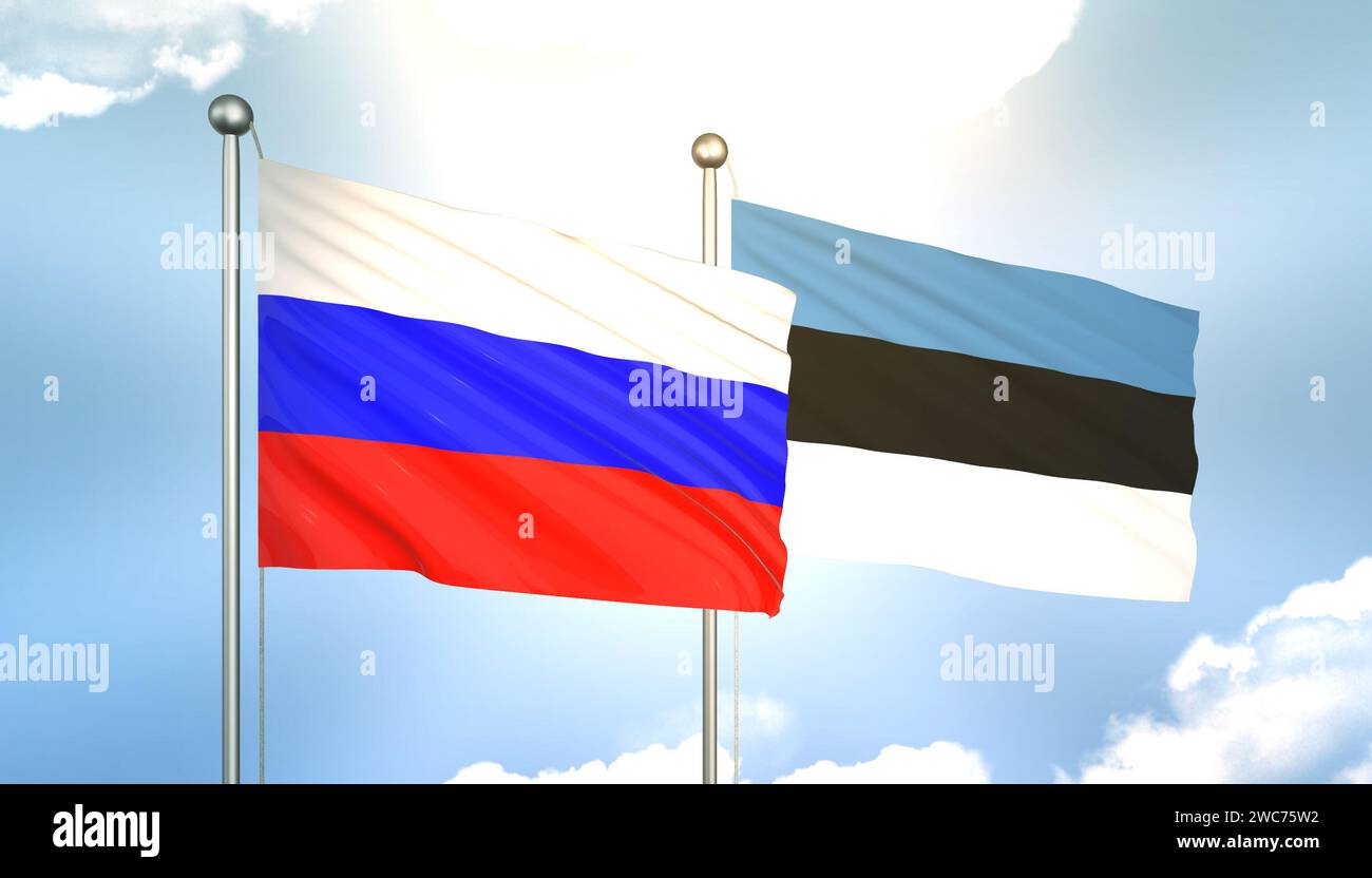 3D Waving Russia and Estonia Flags on Blue Sky with Sun Shine Stock ...