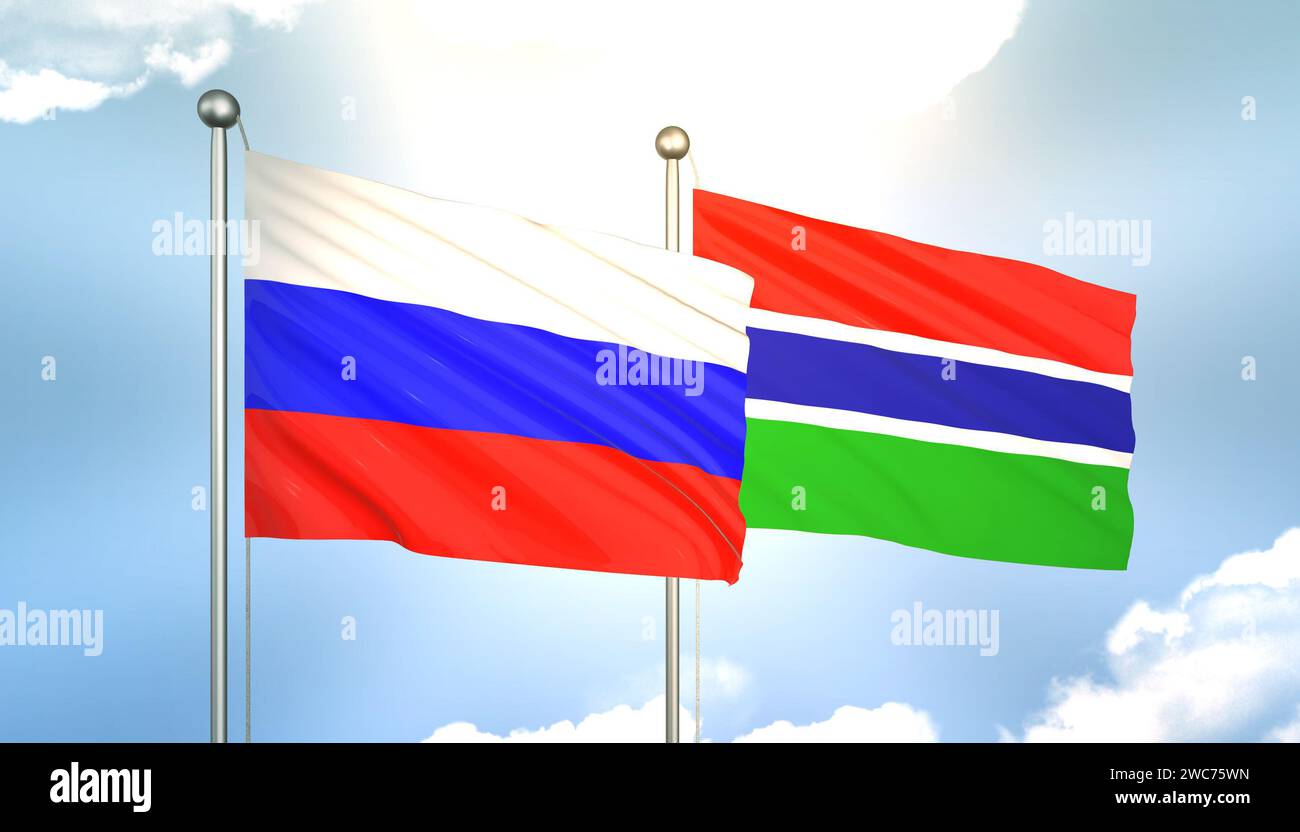 3D Waving Russia and Gambia Flags on Blue Sky with Sun Shine Stock ...