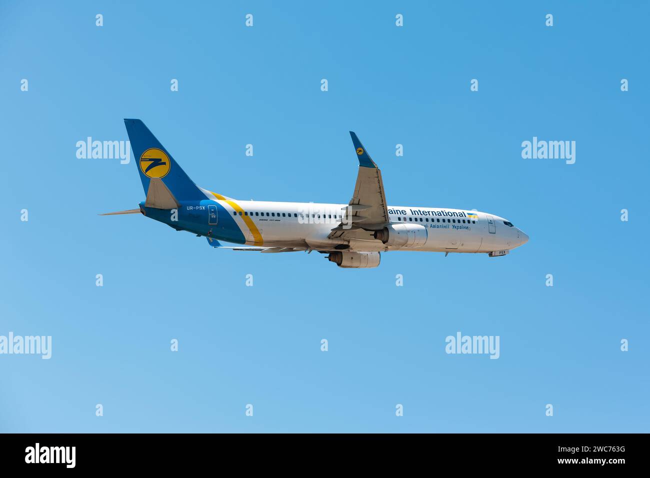 Boryspil, Ukraine - August 24, 2019: Airplane Boeing 737-800 (UR-PSX) of Ukraine International Airlines (FlyUIA) is taking-off from Boryspil Airport Stock Photo
