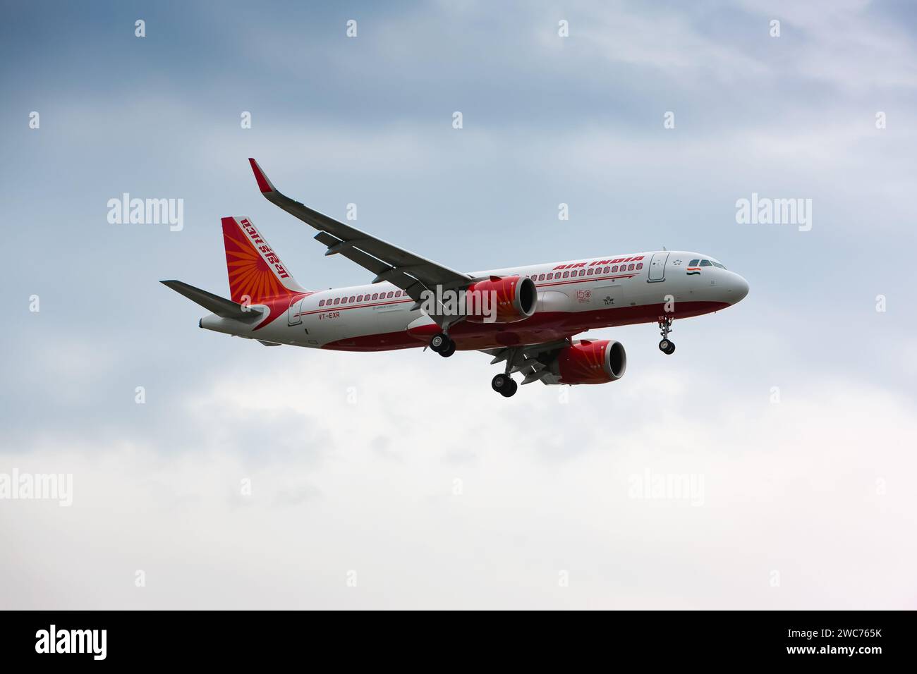 Boryspil, Ukraine - July 25, 2020: Airplane Airbus A320neo (VT-EXR) of Air India is landing at Boryspil International Airport Stock Photo