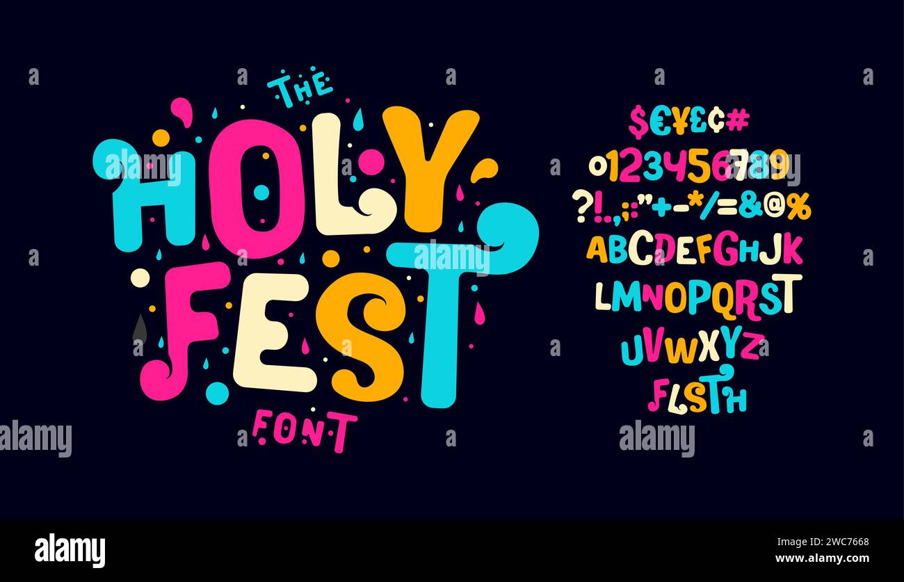 Vibrant Holi Festival alphabet, spirited and colorful letters, joyous event font for lively invitations, energetic headline, playful typography for Stock Vector