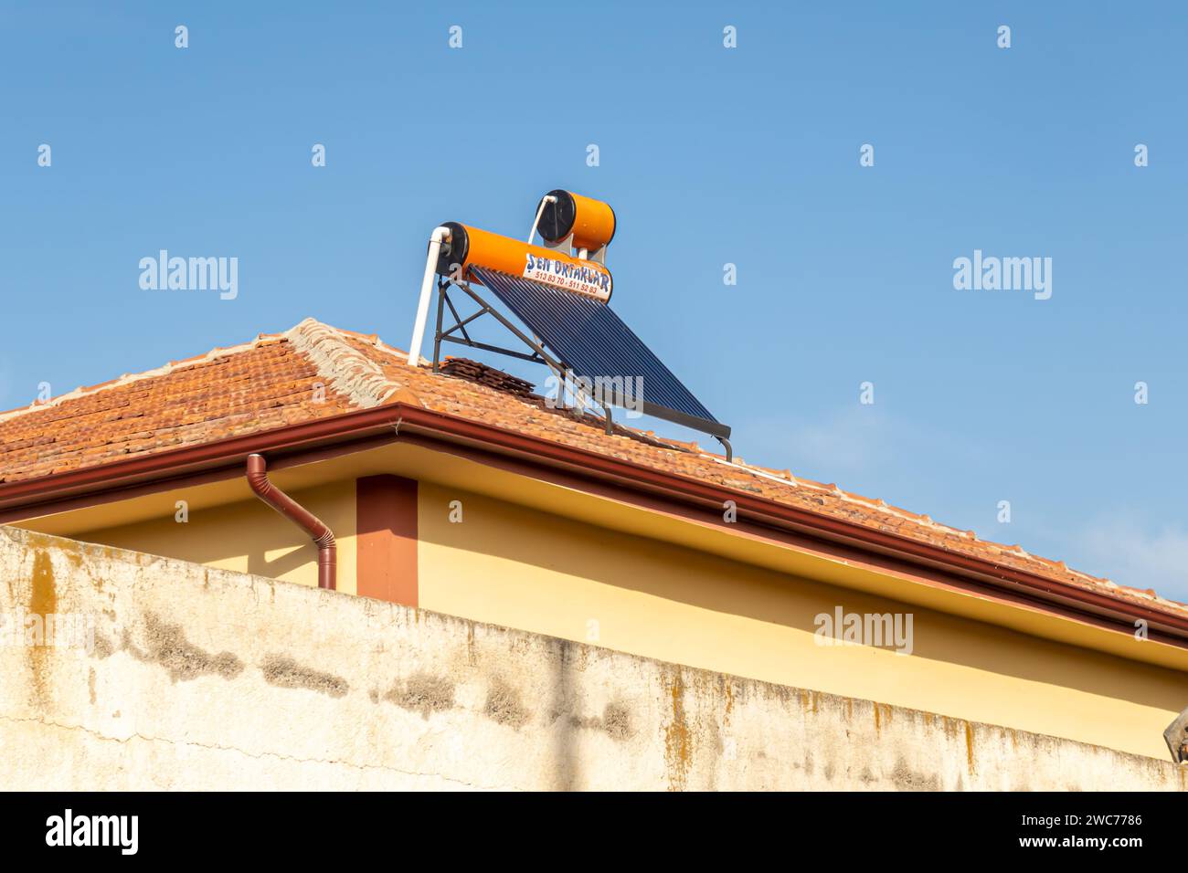 Solar water heater on a roof in Goreme Cappadocia turkey Stock Photo