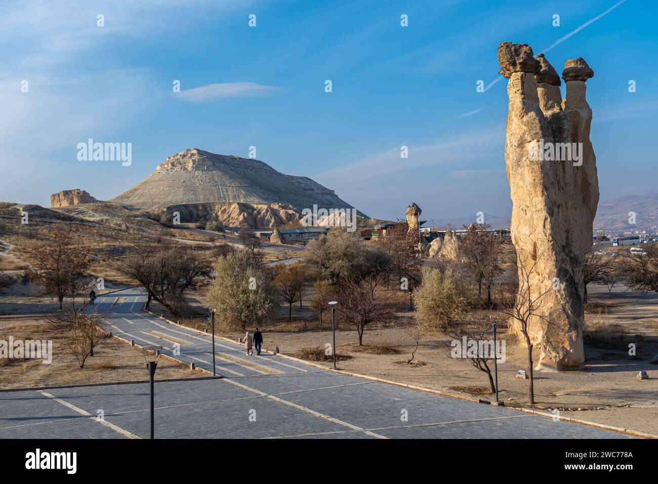 Pasabag valley in Cappadocia with fairy chimneys rock formations featuring twin and even triple rock caps. Stock Photo
