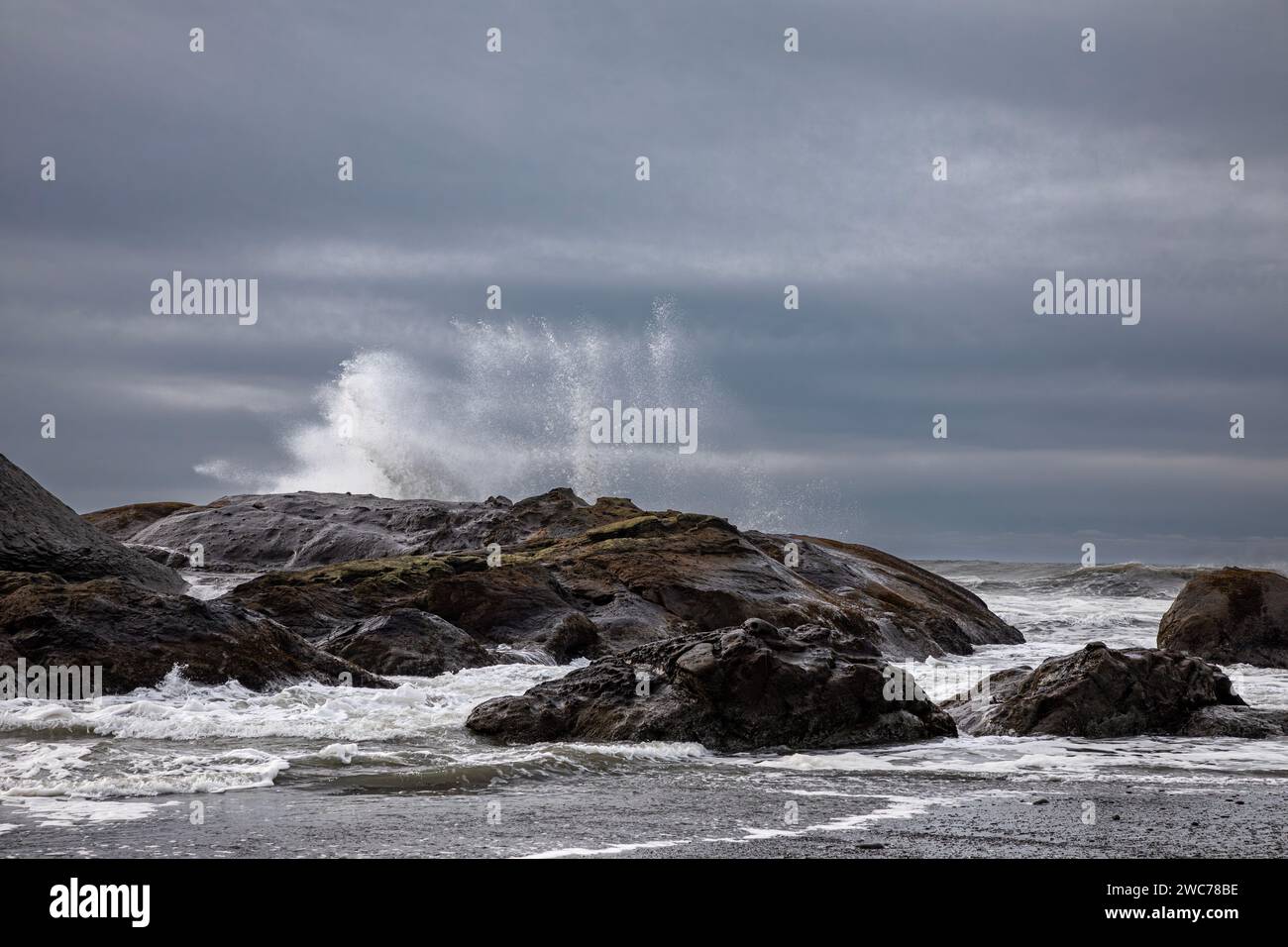 Off Shore Rocks WA25020-00...WASHINGTON - Surf breaking on an off shore rock on the ...
