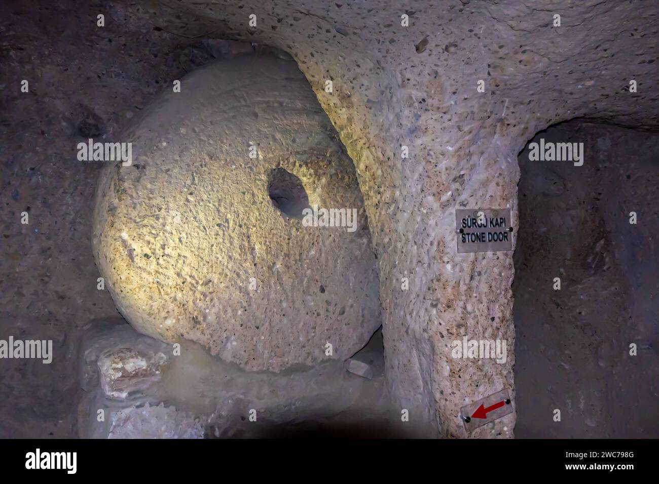 Sliding door stone in Kaymakli Underground City Cappadocia Stock Photo