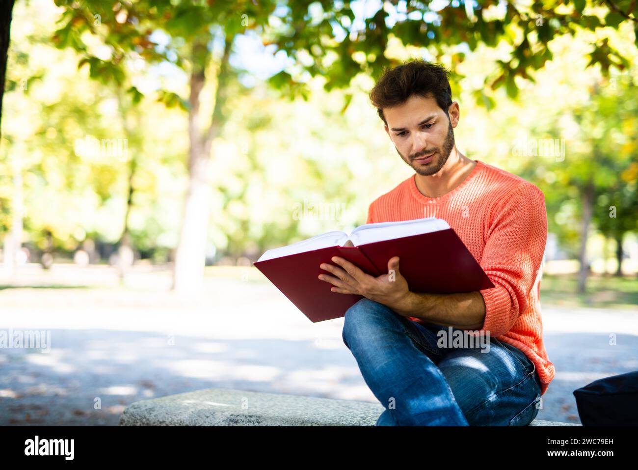 Handsome young man reading book on bench in the park Stock Photo