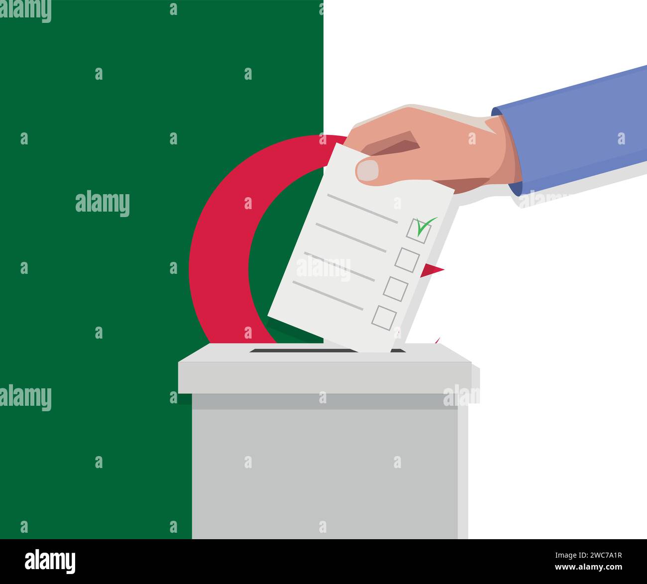 Algeria election concept. Hand puts vote bulletin into vote box. Stock Vector