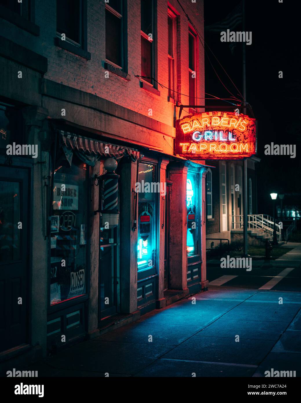 Barbers Grill & Tap Room vintage neon sign at night, Brockport, New York Stock Photo