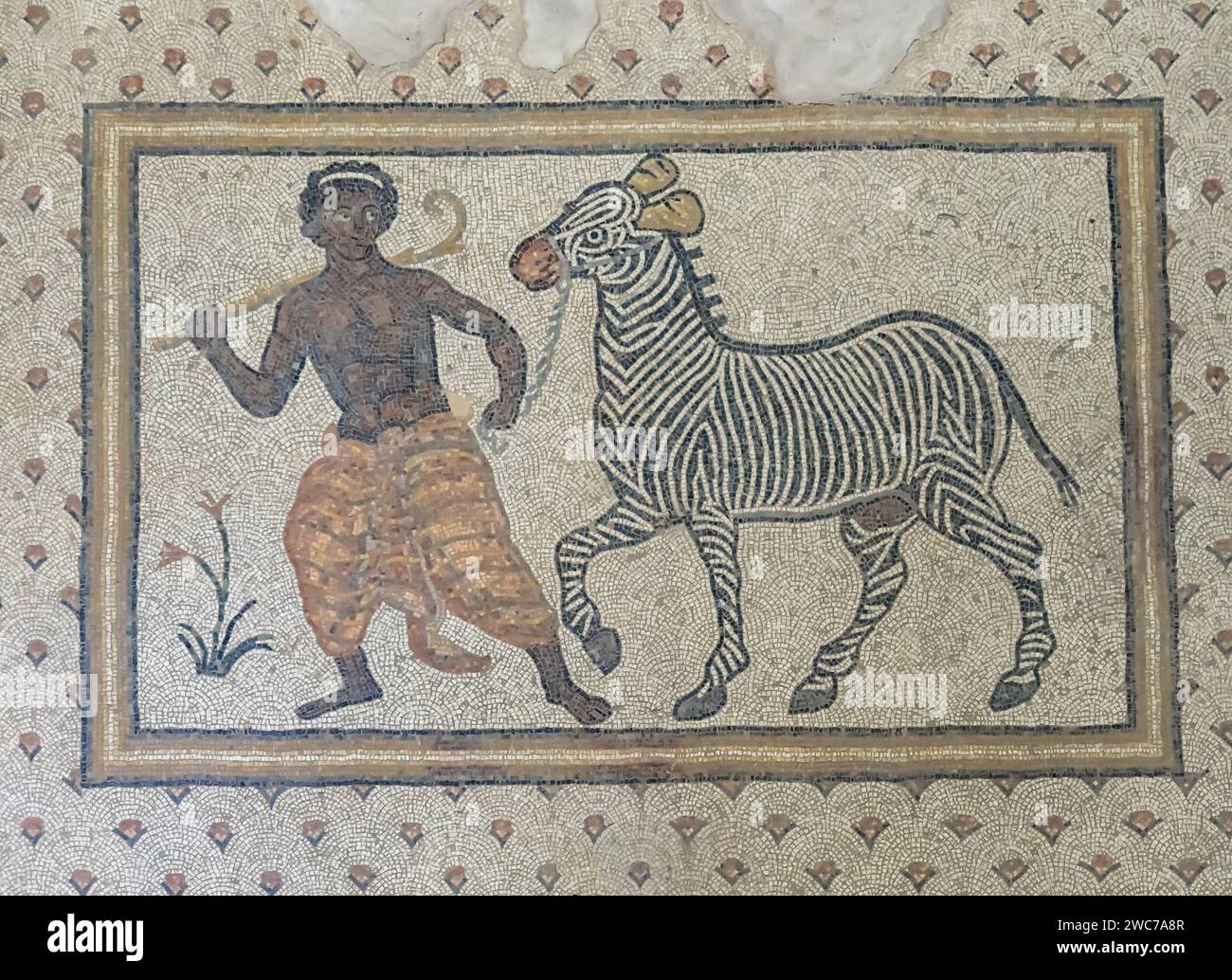 Black man and zebra  Byzantine mosaic in Urfa. Servant and zebra Byzantine mosaic 5 - 6 th century A.D. Stock Photo