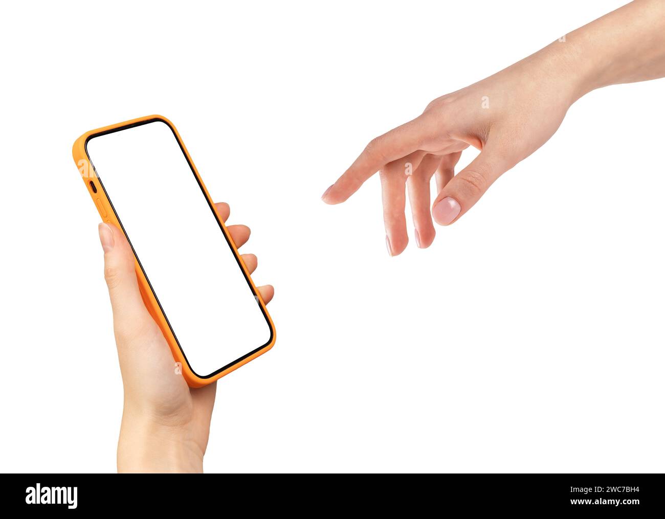 Finger reaching to tap mobile phone screen mockup. Smartphone display mock up in hand, advertising app, isolated on white Stock Photo