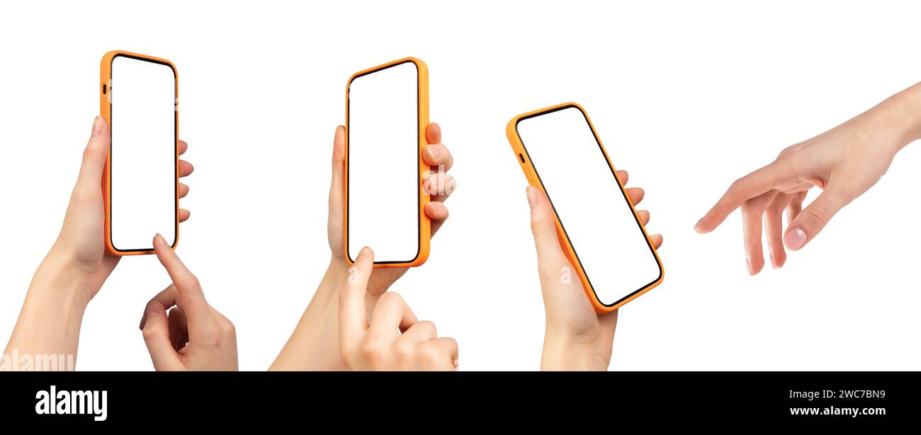 Finger tapping smartphone screen mockup, clicking on mobile phone mock up, angled views set. Hand holding cellphone isolated on white Stock Photo