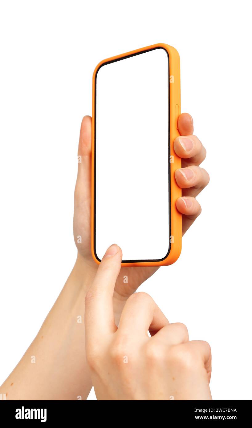 Finger tapping, clicking on mobile phone screen mockup, holding and using smartphone mock up, angle view, isolated on white Stock Photo