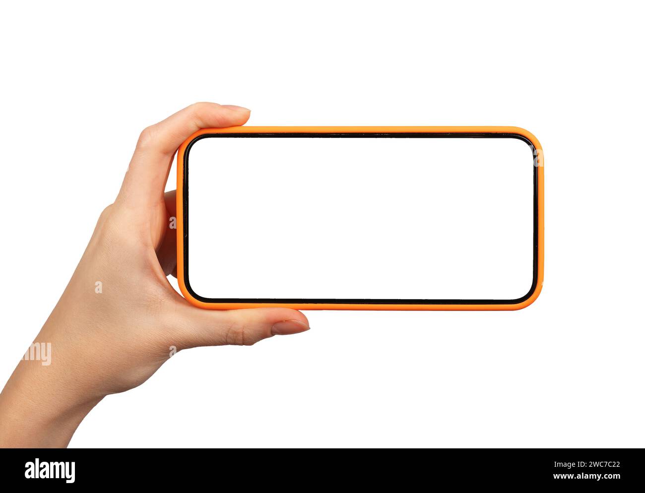 Hand holding horizontal mobile phone screen mockup, smartphone isolated ...