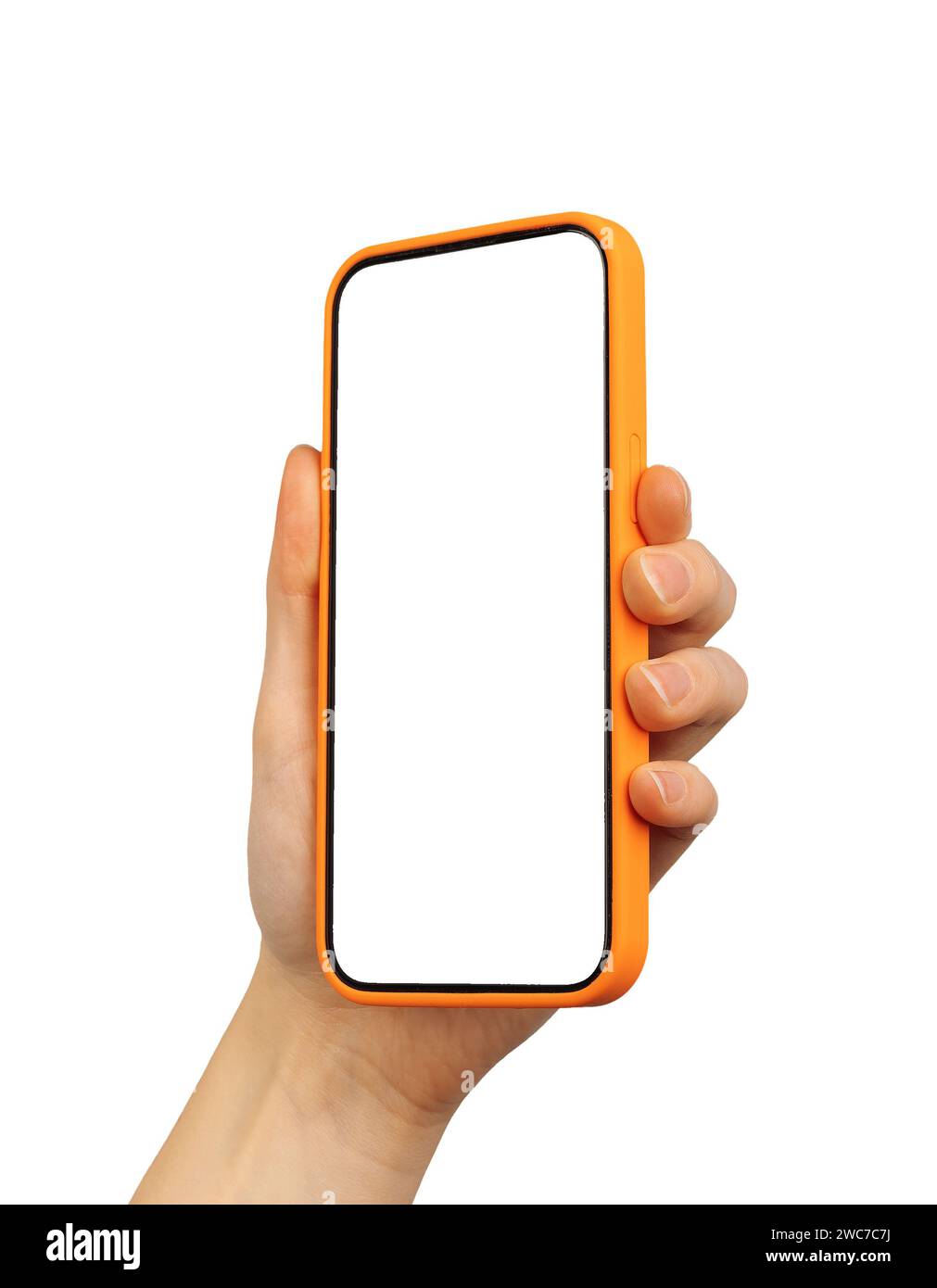 Hand holding mobile phone screen mockup in orange case, smartphone display mock up isolated on white Stock Photo