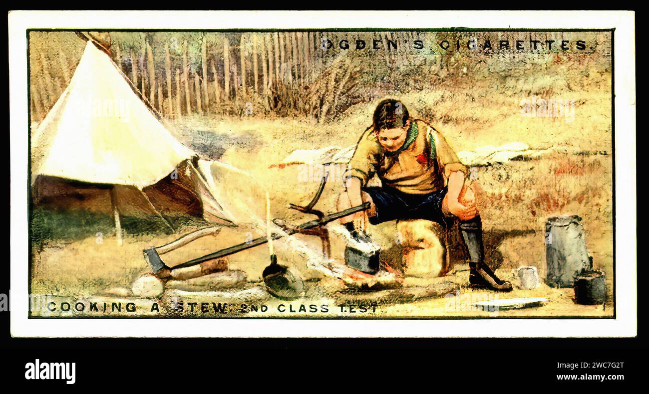 Boy Scouts - Cooking a Stew Test - Vintage Cigarette Card Illustration ...