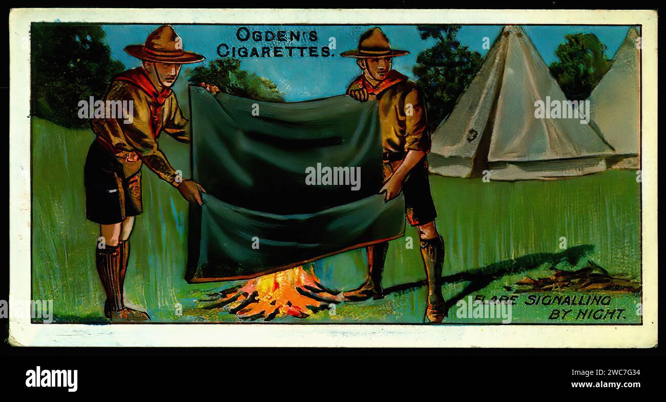 Vintage Cigarette Card - Boy Scouts Signalling at Night Illustration Stock Photo